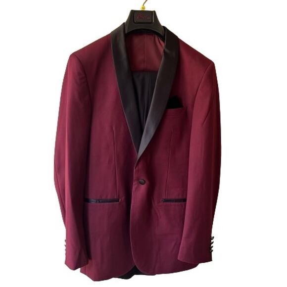 GUC Bellio Slim Fit Burgundy/Black 1-button Tuxedo Jacket (38L) & Pants (32L) - Picture 2 of 12